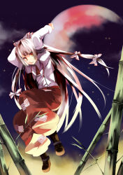 Rule 34 | 1girl, arms up, bad id, bad pixiv id, bamboo, bamboo forest, female focus, forest, fujiwara no mokou, jumping, moon, nature, solo, touhou, zashiki