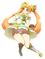 Rule 34 | 1girl, bad id, bad pixiv id, blush, boots, bow, breast suppress, breasts, brooch, brown eyes, brown hair, cameltoe, choker, cleavage, cure rosetta, dokidoki! precure, double bun, dress, flower, from below, hair bun, hair flower, hair ornament, heart, heart brooch, hip focus, jewelry, jumping, knee boots, large breasts, long hair, lowleg, lowleg panties, magical girl, panties, pantyshot, precure, ribbon, simple background, smile, solo, twintails, underwear, upskirt, very long hair, wadani hitonori, waist bow, white background, white panties, wide hips, wrist cuffs, yotsuba alice