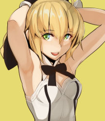 Rule 34 | 1girl, :d, adjusting hair, armpits, artoria pendragon (all), artoria pendragon (fate), blonde hair, bow, fate/grand order, fate/stay night, fate/unlimited codes, fate (series), glowing, green eyes, hair bow, kurowa, open mouth, saber (fate), saber lily, smile, solo, upper body, yellow background