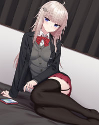 Rule 34 | 1girl, absurdres, ahoge, ak74m (girls&#039; frontline), arm support, black jacket, black thighhighs, blazer, blush, bow, bowtie, breasts, buttons, cardigan, cellphone, closed mouth, collared shirt, commentary, garter straps, girls&#039; frontline, hair ornament, highres, indoors, jacket, long hair, long sleeves, looking at viewer, open clothes, open jacket, phone, pleated skirt, red bow, red bowtie, red skirt, school uniform, shirt, silver hair, skirt, smartphone, snowflake hair ornament, solo, thighhighs, thighs, yakob labo