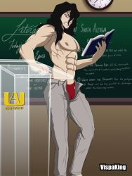 Rule 34 | 1boy, abs, angry, annoyed, beard, black hair, boku no hero academia, book, classroom, eraser head (boku no hero academia), facial hair, highres, long hair, looking at viewer, looking down, male focus, male underwear, muscular arms, no shirt, pants, pectorals, red eyes, red male underwear, solo, teacher, underwear