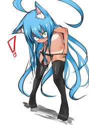 Rule 34 | !, 1girl, animal ears, bad id, bad pixiv id, bent over, black thighhighs, blue hair, blush, cat ears, coup (shun soku), flat chest, green eyes, highres, long hair, looking at viewer, original, panties, panty pull, shun soku, simple background, solo, tan, tanline, thighhighs, topless, underwear, undressing, very long hair, white background
