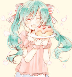 Rule 34 | 1girl, aqua hair, bow, cake, casual, closed eyes, female focus, food, fruit, hair bow, happy, hatsune miku, icing, open mouth, pastry, petals, plate, solo, star (symbol), strawberry, striped, twintails, vocaloid, wrist cuffs, yoshioka mitsuko