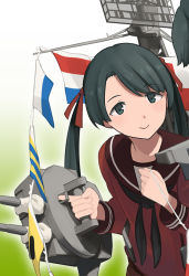 Rule 34 | 2girls, adapted turret, black eyes, black hair, black neckerchief, brown sailor collar, brown serafuku, cannon, commentary request, gradient background, green background, kantai collection, long hair, machinery, mikuma (kancolle), mogami (kancolle), multiple girls, neckerchief, official art, sailor collar, school uniform, serafuku, shibafu (glock23), smile, solo focus, string of flags, turret, upper body