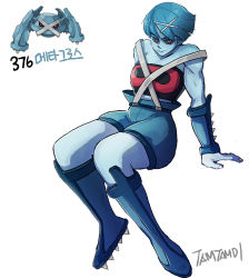Rule 34 | 1girl, arm support, artist name, black sclera, blue hair, blue skin, boots, bracer, closed mouth, colored sclera, colored skin, creatures (company), fingernails, full body, game freak, gen 3 pokemon, hair ornament, highres, looking at viewer, metagross, nintendo, numbered, parted bangs, personification, pokedex number, pokemon, pokemon (creature), pokemon rse, red eyes, short hair, shorts, simple background, sitting, smile, solo, spikes, strapless, suspenders, tamtamdi, tube top, white background