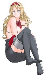 Rule 34 | 1girl, absurdres, areola slip, ascot, blonde hair, blue eyes, breasts, commentary request, flower, full body, grey skirt, grey thighhighs, hairband, highres, kantai collection, large breasts, looking at viewer, multicolored hairband, nelson (kancolle), one-hour drawing challenge, pencil skirt, red ascot, red flower, red rose, rose, simple background, sitting, skirt, solo, sozan, thighhighs, topless, union jack, white background