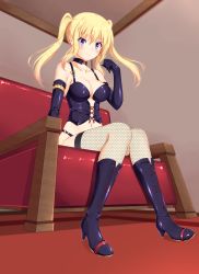 Rule 34 | 1girl, armlet, bare shoulders, black thighhighs, blonde hair, blue eyes, blush, bondage outfit, boots, breasts, choker, cleavage, corset, elbow gloves, fishnet thighhighs, fishnets, full body, gloves, gold trim, heart o-ring, heart ring top, high heel boots, high heels, jewelry, knees together feet apart, latex, latex boots, long hair, medium breasts, navel, necklace, original, panties, purple corset, purple panties, sitting, smile, solo, spiked armlet, stomach, thighhighs, thighhighs under boots, twintails, underwear, unmoving pattern