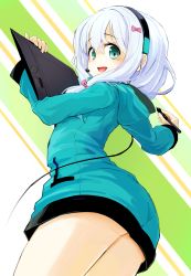 Rule 34 | 1girl, :d, aqua eyes, blush, bow, commentary request, drawing tablet, eromanga sensei, eyelashes, fingernails, hair bow, hands up, headset, highres, holding, holding drawing tablet, holding stylus, hood, hood down, izumi sagiri, long hair, long sleeves, looking at viewer, momo (higanbana and girl), open mouth, pink bow, raised eyebrows, smile, solo, stylus, w arms
