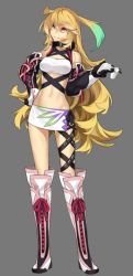 Rule 34 | 1girl, 92m, blonde hair, boots, breasts, controller, cross-laced footwear, elbow gloves, game controller, gloves, gradient hair, green hair, knee boots, lace-up boots, long hair, milla maxwell, multicolored hair, red eyes, simple background, solo, tales of (series), tales of xillia, thigh strap, very long hair