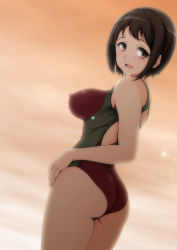Rule 34 | 10s, 1girl, :d, absurdres, ass, bare legs, bare shoulders, blush, breasts, brown eyes, brown hair, competition swimsuit, covered erect nipples, female focus, from behind, from side, hibike! euphonium, highres, large breasts, legs, lens flare, looking at viewer, looking back, mole, mole under eye, nakaseko kaori, nanashi noiji, one-piece swimsuit, open mouth, short hair, skin tight, sky, smile, solo, sunset, swimsuit, twilight