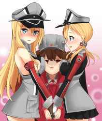 Rule 34 | 10s, 3girls, anchor hair ornament, bare shoulders, bismarck (kancolle), black skirt, blonde hair, blue eyes, blush, breast envy, breast press, breast rest, breasts, brown eyes, brown gloves, brown hair, cross, detached sleeves, girl sandwich, gloves, gradient background, hair ornament, hat, highres, holding hands, iron cross, japanese clothes, kantai collection, kariginu, large breasts, long hair, long sleeves, magatama, max melon, microskirt, military, military hat, military uniform, multiple girls, peaked cap, pleated skirt, prinz eugen (kancolle), ryuujou (kancolle), sandwiched, skirt, twintails, uniform, visor cap, white gloves