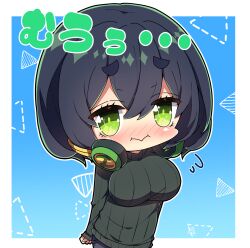 Rule 34 | 1girl, :i, absurdres, arm behind back, black hair, black sweater, blue background, blush, breasts, closed mouth, commentary request, dotted line, flying sweatdrops, green eyes, hair between eyes, headphones, headphones around neck, highres, kyoumachi seika, large breasts, long sleeves, looking at viewer, milkpanda, nose blush, ribbed sweater, short eyebrows, sleeves past wrists, solo, sweater, thick eyebrows, translation request, voiceroid