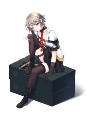 Rule 34 | 1girl, bad id, bad pixiv id, girls&#039; frontline, gloves, gun, high heels, highres, kriss vector, lancefate, looking at viewer, necktie, short hair, silver hair, simple background, sitting, skirt, solo, submachine gun, tdi vector, thigh strap, thighhighs, vector (girls&#039; frontline), weapon, yellow eyes