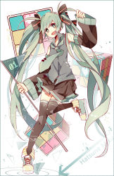 Rule 34 | 1girl, character name, detached sleeves, flag, fuuko (2679566944), green eyes, green hair, hair ribbon, hatsune miku, highres, long hair, matching hair/eyes, necktie, open mouth, ribbon, rubik&#039;s cube, skirt, solo, thighhighs, twintails, very long hair, vocaloid