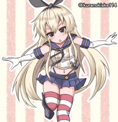 Rule 34 | 1girl, black hairband, black neckerchief, black panties, blonde hair, blue sailor collar, crop top, elbow gloves, gloves, grey eyes, hairband, highleg, highleg panties, kantai collection, kurano kisuke, long hair, microskirt, midriff, miniskirt, navel, neckerchief, one-hour drawing challenge, outstretched arms, panties, running, sailor collar, shimakaze (kancolle), shirt, skirt, sleeveless, sleeveless shirt, solo, striped clothes, striped thighhighs, thighhighs, underwear, white gloves