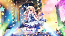 Rule 34 | 1girl, arch, arm up, back bow, blonde hair, blue bow, blue dress, boots, bow, breasts, brick, buttons, checkered bow, checkered clothes, colored lights, concert, confetti, cross-laced clothes, dress, film grain, frilled dress, frilled skirt, frills, game cg, gloves, hair bow, hasegawa mii, holding, holding microphone, idol, idol clothes, izumi tsubasu, long hair, microphone, musical note, necktie, non-web source, official art, open mouth, purple eyes, purple necktie, re:stage!, screen, short dress, short sleeves, skirt, small breasts, smile, solo, sparkle, stage, stage lights, stairs, standing, standing on one leg, star (symbol), striped, striped bow, teeth, upper teeth only, white bow, white dress, white footwear, white gloves, white skirt