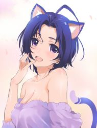 Rule 34 | 1girl, :d, ahoge, animal ears, bare shoulders, blue hair, blush, breasts, cat ears, cat tail, cleavage, highres, idolmaster, idolmaster (classic), inoue sora, kemonomimi mode, looking at viewer, medium breasts, miura azusa, off-shoulder shirt, open mouth, purple eyes, shirt, short hair, simple background, smile, solo, tail