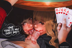 Rule 34 | 1boy, 2girls, ace (playing card), ace of hearts, black hair, blonde hair, card, cooperative fellatio, cum, english text, facial, fellatio, heart, jabami yumeko, jack (playing card), jack of hearts, kakegurui, king (playing card), king of hearts (playing card), licking, licking penis, lipstick mark, lipstick mark on penis, lipstick mark on stomach, multiple girls, oral, paloma piquet, penis, photorealistic, playing card, queen (playing card), queen of hearts (playing card), realistic, red eyes, saotome mary, tongue, under table