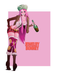 Rule 34 | 1girl, anti-eyebrow piercing, blush, bottle, character name, clenched teeth, commentary, english commentary, full body, green hat, hand on own hip, hat, highres, holding, holding bottle, hoooon0725, jewelry bonney, lips, lipstick, long hair, looking at viewer, makeup, one piece, pink hair, signature, smile, solo, teeth, very long hair