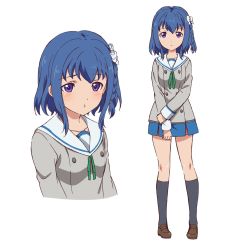 Rule 34 | 1girl, action heroine cheer fruits, aoyama yuuki, black socks, blue hair, blue skirt, blush, bow, braid, brown footwear, character sheet, commentary request, green ribbon, grey shirt, hair bow, hand on own arm, highres, hinano high school uniform, ide naomi, kneehighs, loafers, looking at viewer, multiple views, neck ribbon, official art, pout, purple eyes, ribbon, sailor collar, school uniform, shirt, shoes, simple background, single braid, skirt, socks, white background, white bow, white sailor collar