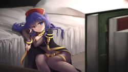 Rule 34 | bed, blue eyes, blue hair, blurry, bodystocking, bookshelf, breasts, bridal gauntlets, cape, cleavage, cosplay, covered navel, dark mage (fire emblem awakening), depth of field, fire emblem, fire emblem: the binding blade, fire emblem awakening, hat, highres, lilina (fire emblem), looking at viewer, nintendo, oren (770len), pillow, reclining, skin tight, smile, tharja (fire emblem), tharja (fire emblem) (cosplay)