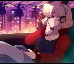 Rule 34 | 1girl, blonde hair, borrowed character, breasts, building, car interior, city, commentary, crop top, english commentary, green eyes, hand on own face, headphones, jacket, crossed legs, long sleeves, looking away, merunyaa, original, palm tree, red jacket, sammy (bestsammy), short hair, sitting, small breasts, solo, sunset, tree