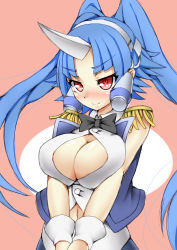 Rule 34 | 1girl, blue hair, blush, breasts, cleavage, cleavage cutout, clothing cutout, duel monster, epaulettes, heart, heart-shaped pupils, highres, horns, kiramashi (satsujinki), large breasts, looking at viewer, midriff, navel, performapal corn, red eyes, satsujinki (artist), solo, symbol-shaped pupils, twintails, yu-gi-oh!, yu-gi-oh! arc-v