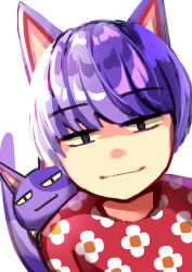 Rule 34 | 1boy, absurdres, animal crossing, animal ears, bad id, bad pixiv id, black eyes, blunt bangs, bob (animal crossing), cat, cat boy, cat ears, cat tail, closed mouth, colored sclera, dual persona, floral print, highres, looking at viewer, maitacoco, multicolored hair, nintendo, personification, pink shirt, shirt, short hair, simple background, smile, tail, tail raised, two-tone hair, upper body, white background, yellow sclera