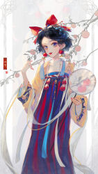 1girl black_hair bow chinese_clothes earrings food fruit hair_bow hanfu highres huadian jewelry long_sleeves looking_at_viewer purple_eyes qfc-kiyoi qixiong_ruqun red_lips snow_white_(disney) snow_white_and_the_seven_dwarfs solo tassel tuanshan