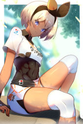 Rule 34 | 1girl, abs, bad id, bad pixiv id, bea (pokemon), black bodysuit, black hairband, blue eyes, bodysuit, bodysuit under clothes, bow hairband, breasts, collared shirt, commentary request, covered navel, creatures (company), dark-skinned female, dark skin, game freak, gloves, grey hair, groin, gym leader, hair between eyes, hairband, highres, knee pads, knee up, looking at viewer, medium breasts, midriff, nintendo, partially fingerless gloves, pokemon, pokemon swsh, print shirt, print shorts, shadow, shirt, short hair, short sleeves, shorts, side slit, side slit shorts, sidelocks, single glove, sitting, smile, solo, sweat, takom, tied shirt, two-tone gloves