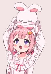 Rule 34 | 1girl, :o, animal ears, arms up, blush, braided hair rings, carrot hair ornament, fake animal ears, food-themed hair ornament, grey background, hair ornament, hairband, highres, holding, holding stuffed toy, long sleeves, looking up, nightgown, nijisanji, object on head, official alternate costume, open mouth, pink hair, pink nightgown, pink ribbon, purple eyes, rabbit ears, ribbon, simple background, solo, stuffed animal, stuffed rabbit, stuffed toy, sukoyaka (100hituzi), suo sango, suo sango (2nd costume), upper body, virtual youtuber, white hairband