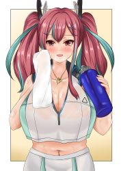 Rule 34 | 1girl, :d, absurdres, azur lane, bad id, bad pixiv id, bare shoulders, blush, bottle, breasts, bremerton (azur lane), bremerton (scorching-hot training) (azur lane), cleavage, collarbone, commentary request, cowboy shot, crop top, crop top overhang, green skirt, grey hair, hair between eyes, hair intakes, hair ornament, hairclip, heart, heart necklace, highres, hirata azuren, holding, holding bottle, holding towel, jewelry, large breasts, long hair, looking at viewer, midriff, mole, mole on breast, mole under eye, multicolored hair, navel, navel piercing, necklace, official alternate costume, open mouth, partial commentary, piercing, pink eyes, pink hair, shirt, sidelocks, skirt, sleeveless, sleeveless shirt, smile, solo, sportswear, standing, steam, streaked hair, sweat, takeshiki no hirata, tennis uniform, towel, twintails, two-tone hair, two-tone shirt, two-tone skirt, water bottle, wet, wet clothes, wet shirt, white background, white shirt, white skirt, x hair ornament