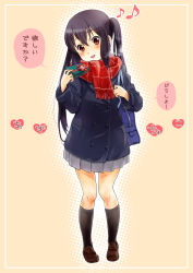 Rule 34 | 1girl, bag, black hair, brown eyes, coat, gift, highres, k-on!, long hair, minimaru, musical note, nakano azusa, quaver, red scarf, scarf, school uniform, solo, striped clothes, striped scarf, translation request, twintails