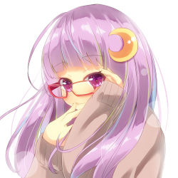 Rule 34 | 1girl, alternate costume, bespectacled, crescent, crescent hair ornament, glasses, hair ornament, hand to own mouth, long hair, long sleeves, looking at viewer, patchouli knowledge, purple eyes, purple hair, red-framed eyewear, solo, sweater, touhou, upper body, yuimari