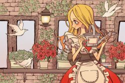 Rule 34 | 1girl, apron, bird, blonde hair, blue eyes, brick wall, closed mouth, cowboy shot, dove, dress, flower, frilled apron, frills, hands up, holding, holding watering can, indoors, leaf, long hair, looking to the side, meremero, original, plant, potted plant, profile, red dress, red flower, red rose, rose, solo, standing, wall lamp, watering can, white apron, window