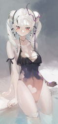 Rule 34 | 1girl, bare shoulders, black gloves, black one-piece swimsuit, blush, breasts, casual one-piece swimsuit, cleavage, closed mouth, covered navel, day, double bun, facial mark, gloves, grey hair, hair bun, hair ornament, highres, long hair, looking at viewer, medium breasts, one-piece swimsuit, original, outdoors, pool, quad tails, red eyes, single glove, sitting, smile, solo, sunlight, swimsuit, watarumi, water