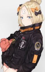 Rule 34 | 1girl, abigail williams (fate), abigail williams (traveling outfit) (fate), alternate hairstyle, bad id, bad pixiv id, bandaid, bandaid on face, bandaid on forehead, belt, black bow, black jacket, blonde hair, blue eyes, blush, bow, fate/grand order, fate (series), forehead, hair bow, hair bun, high collar, highres, holding, holding stuffed toy, jacket, kyouki, long hair, looking at viewer, official alternate costume, orange bow, parted bangs, polka dot, polka dot bow, simple background, single hair bun, sleeves past fingers, sleeves past wrists, solo, stuffed animal, stuffed toy, teddy bear, thighs