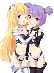 Rule 34 | 10s, 2girls, ;d, altines, altrene, bad id, bad pixiv id, blonde hair, blue hair, blush, breasts, busou shinki, cleavage, cleavage cutout, clothing cutout, doll joints, elbow gloves, gloves, joints, long hair, midriff, multiple girls, navel, one eye closed, open mouth, purple hair, red eyes, short hair, short twintails, smile, tatatami3, thighhighs, twintails, wink, wrist cuffs