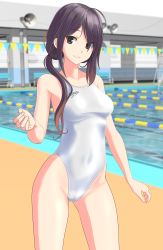 Rule 34 | 1girl, absurdres, ariake (kancolle), black eyes, black hair, breasts, competition swimsuit, contrapposto, cowboy shot, gradient hair, highleg, highleg swimsuit, highres, kantai collection, logo, long hair, medium breasts, megaphone, multicolored hair, one-piece swimsuit, orange hair, outdoors, paid reward available, pool, purple hair, paid reward available, smile, solo, speedo (company), string of flags, swimsuit, takafumi, white one-piece swimsuit
