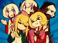 Rule 34 | &gt; &lt;, 5girls, :&gt;, = =, blonde hair, blue eyes, blush, bright pupils, chibi, closed eyes, closed mouth, d-floe, facial mark, facing viewer, fins, green hoodie, head fins, hood, hoodie, horns, long hair, long sleeves, looking at viewer, multicolored clothes, multicolored hoodie, multiple girls, open mouth, original, parted lips, red eyes, shark girl, short hair, smile, thick eyebrows, v, white hoodie, white pupils