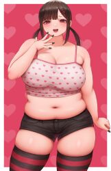 Rule 34 | 1girl, absurdres, bare shoulders, belly, black hair, black nails, blush, breasts, cleavage, dot nose, eyelashes, fat, female focus, fingernails, heart, heart background, heart print, highres, large breasts, legs, long fingernails, looking at viewer, mil k vanilla, mole, navel, open mouth, original, plump, red background, red eyes, shorts, skindentation, smile, solo, standing, striped clothes, striped thighhighs, tank top, thick thighs, thighhighs, thighs, twintails, zettai ryouiki