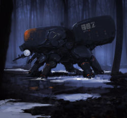 Rule 34 | bare tree, extra legs, forest, from side, gun, highres, korean commentary, mecha, nature, no humans, open hands, original, robot, science fiction, siku199, solo, tree, weapon
