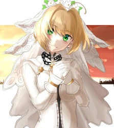 Rule 34 | 1girl, blonde hair, bodysuit, bridal veil, chain, closed mouth, fate/extra, fate/extra ccc, fate (series), gloves, green eyes, hair intakes, head tilt, highres, looking at viewer, nero claudius (bride) (fate), nero claudius (fate), nero claudius (fate) (all), own hands together, short hair, smile, solo, upper body, user ukac2333, veil, white background, white bodysuit, white gloves