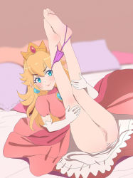 Rule 34 | 1girl, aruman, barefoot, bed, bed sheet, blonde hair, blue eyes, blush, brooch, censored, closed mouth, clothes lift, crown, dot nose, dress, dress lift, earrings, elbow gloves, feet, feet up, female focus, full body, gloves, highres, jewelry, legs up, long hair, looking at viewer, lying, mario (series), mosaic censoring, nintendo, on back, on bed, panties, panty pull, pillow, pink dress, princess peach, purple panties, pussy, shiny skin, short sleeves, smile, soles, solo, toes, underwear, white gloves