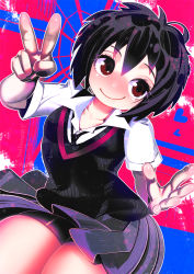 Rule 34 | 1girl, bike shorts, black hair, blue background, blush, breasts, brown eyes, closed mouth, hakkasame, heart, highres, marvel, nose blush, peni parker, pink background, pleated skirt, school uniform, short hair, short sleeves, skirt, small breasts, smile, solo, spider-man: into the spider-verse, spider-man (series), spider-verse, thighs, two-tone background, v, vest