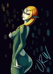 Rule 34 | 1girl, ass, breasts, colored skin, covering privates, covering breasts, female focus, fingernails, forehead jewel, hand on ass, hand on own thigh, highres, large breasts, long hair, looking at viewer, midna, midna (true), multicolored skin, nintendo, nude, orange hair, pointy ears, ponytail, purple lips, red eyes, sharp fingernails, simple background, solo, spoilers, standing, the legend of zelda, the legend of zelda: twilight princess, two-tone skin, urw