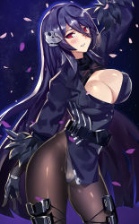 Rule 34 | 1girl, arm up, bad id, bad pixiv id, black gloves, black hair, black pantyhose, blue gloves, blue hair, blush, breasts, brown pantyhose, cleavage, club3, contrapposto, cowboy shot, fingerless gloves, gloves, hair between eyes, headgear, highres, iron saga, large breasts, leotard, long hair, long sleeves, looking at viewer, mole, mole on breast, oboro (iron saga), pantyhose, parted lips, petals, purple eyes, red eyes, sidelocks, solo, standing, thigh strap, thighs, very long hair