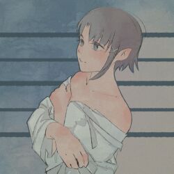 Rule 34 | 1girl, bare shoulders, black eyes, brown hair, closed mouth, collarbone, crossed arms, hair ornament, highres, iwakura lain, light smile, loose clothes, loose shirt, moshimoshibe, serial experiments lain, shirt, short hair, single sidelock, solo, striped background, two-tone background, upper body, white shirt, x hair ornament