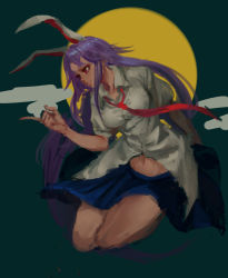 Rule 34 | 1girl, animal ears, blue skirt, closed mouth, full body, hand up, inishie kumo, long hair, miniskirt, navel, necktie, one-hour drawing challenge, pleated skirt, puffy short sleeves, puffy sleeves, purple hair, rabbit ears, red eyes, red necktie, reisen udongein inaba, shirt, short sleeves, skirt, smile, solo, touhou, very long hair, white shirt