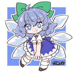 Rule 34 | 1girl, ahoge, black footwear, blue dress, blue eyes, blue hair, bow, chibi, cirno, closed mouth, collared shirt, detached wings, dnk, dress, fairy, full body, green bow, hair bow, ice, ice wings, shirt, shoes, short hair, short sleeves, smile, socks, solo, touhou, white shirt, white socks, wings